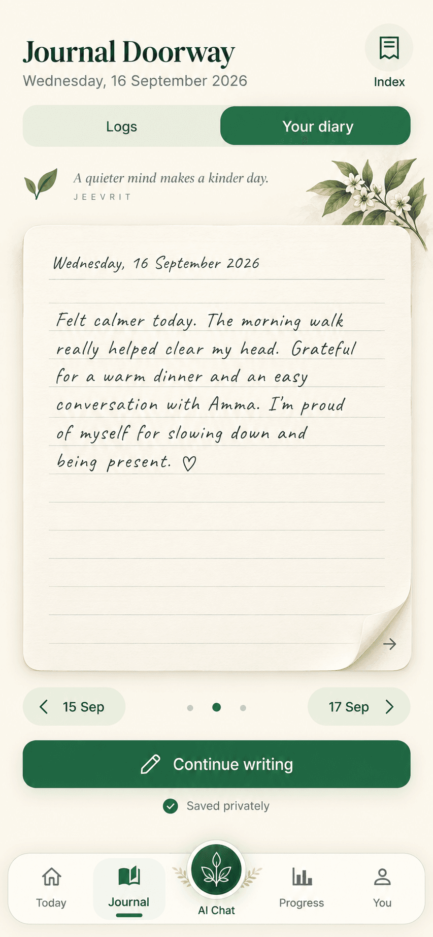 Jeevrit private diary screen