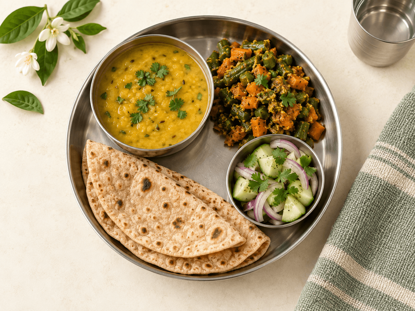 An Indian thali with dal, sabzi, rotis and cucumber salad beside a glass of water