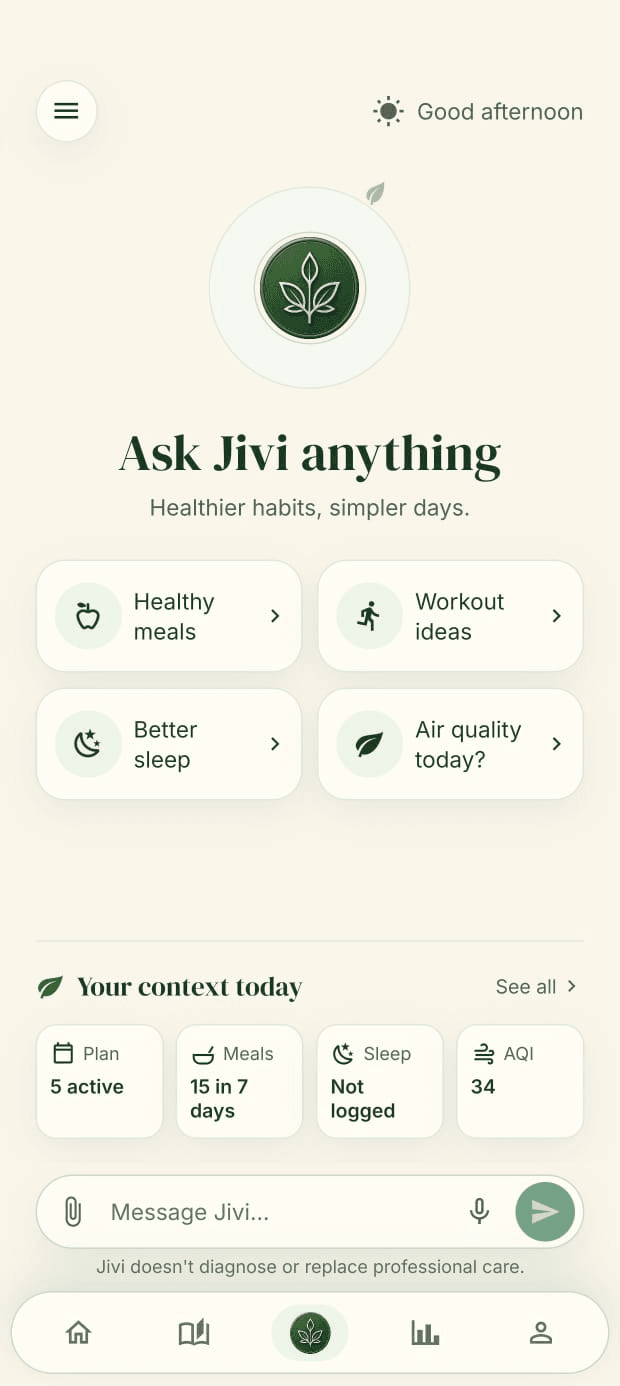 Jivi home showing conversation starters, today’s context, and the message composer
