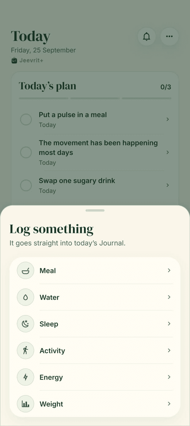 Jeevrit quick meal logging screen