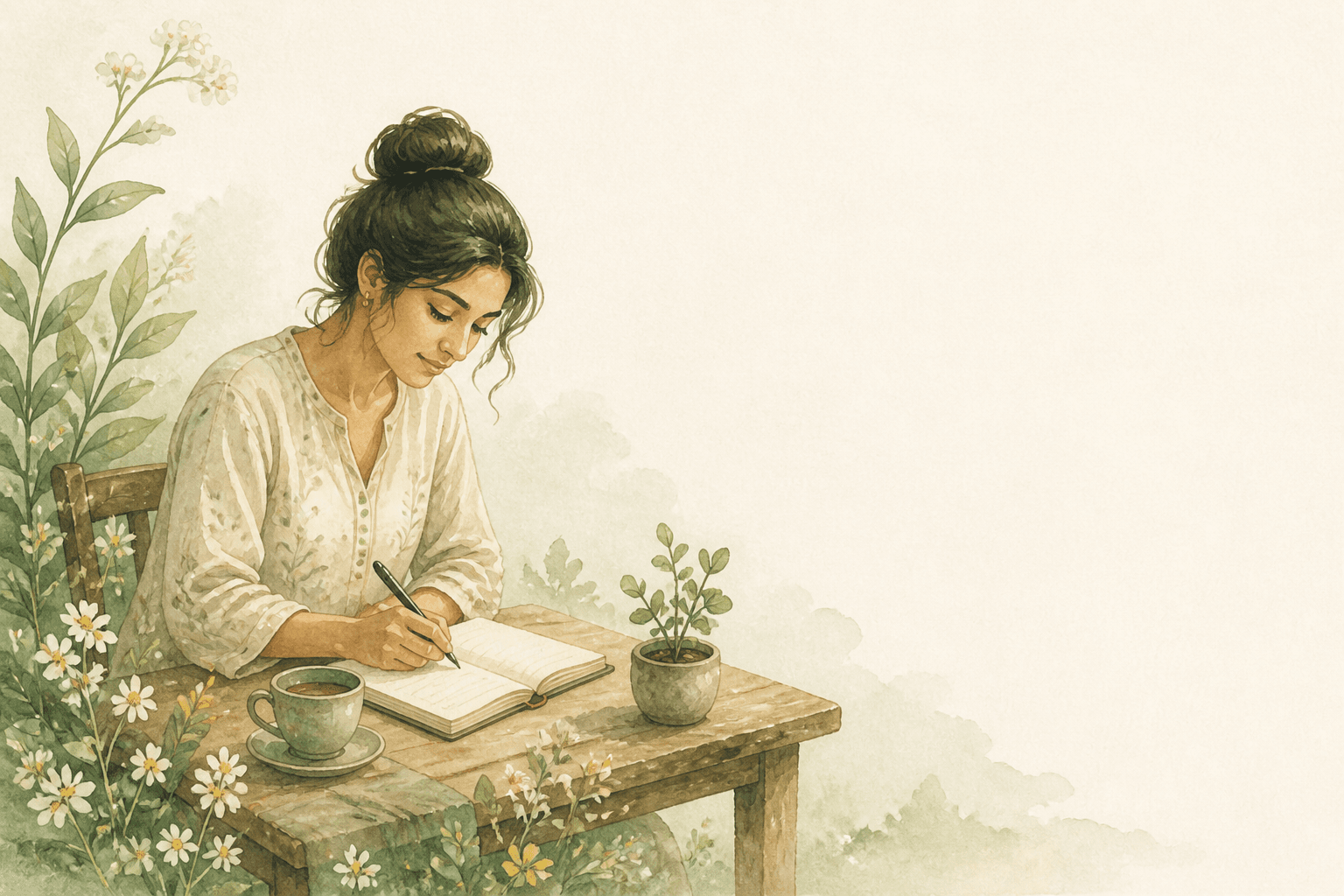 A woman writing in a journal beside tea and a small plant