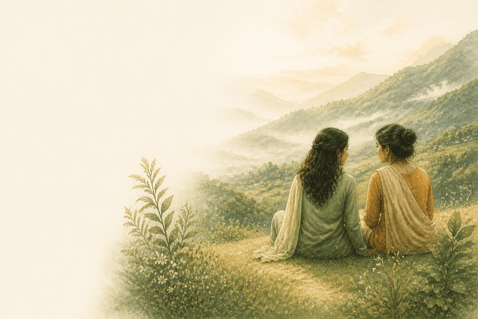 Two friends looking over a green mountain valley