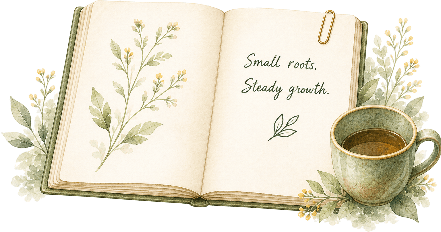 An open botanical journal reading Small roots. Steady growth beside a cup of tea